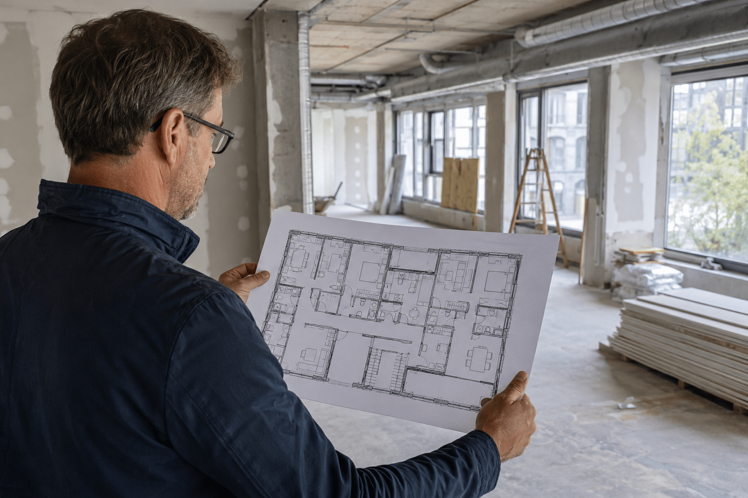 Mann auf Baustelle mit Skizze für die Umwandlung von Gewerbe zu Wohnraum
