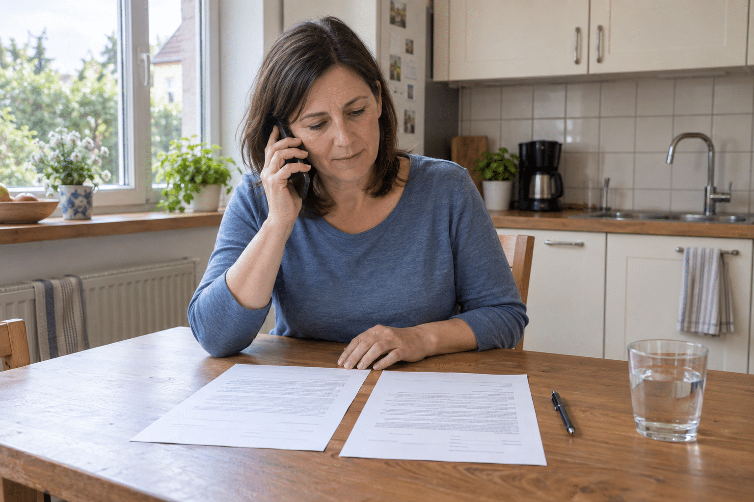 Hausbesitzerin klärt telefonisch Fragen zu Vertragsunterlagen vor der Beauftragung einer Sanierung